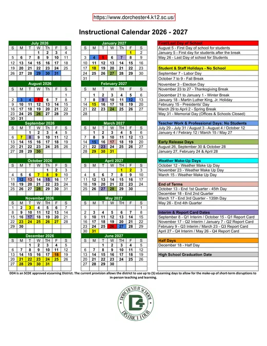 Dorchester School District Four 2026–2027 Academic Calendar