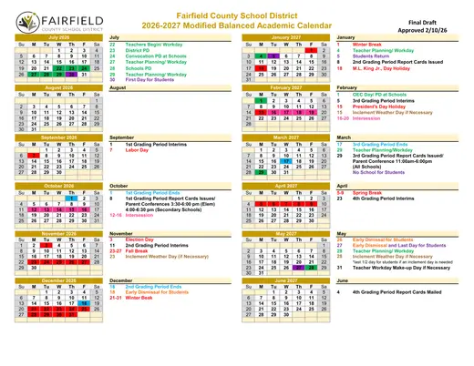 Fairfield County School District 2026–2027 Academic Calendar