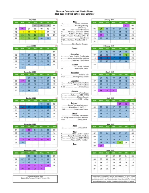 Florence County School District Three 2026–2027 Academic Calendar Page 1