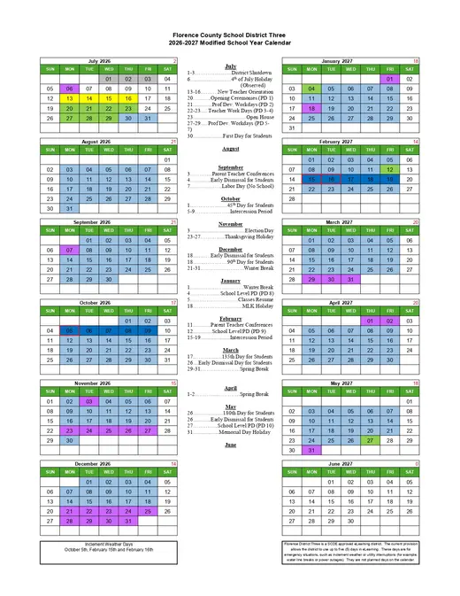 Florence County School District Three 2026–2027 Academic Calendar Page 2
