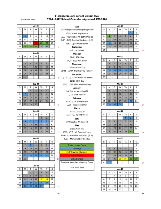 Florence County School District Two 2026–2027 Academic Calendar Page 2