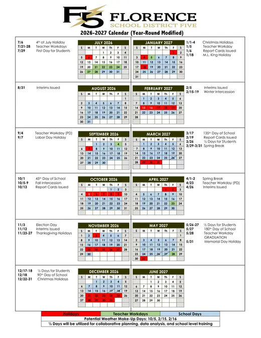 Florence School District Five 2026–2027 Academic Calendar Page 1