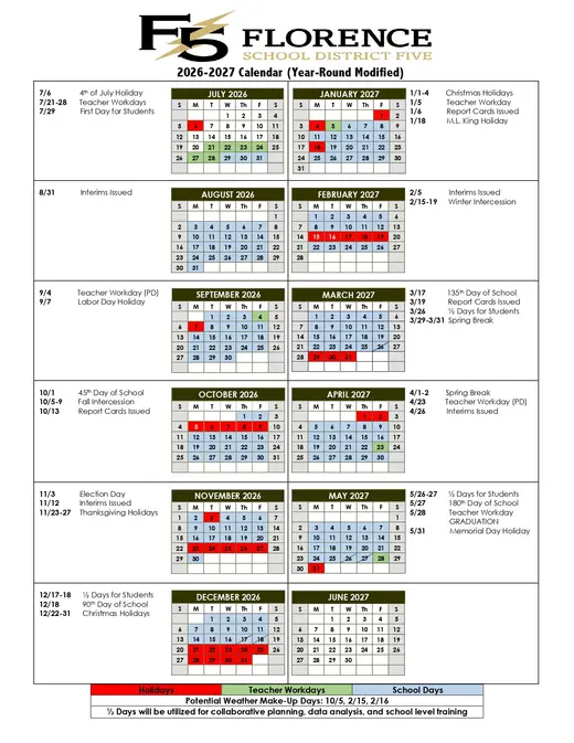 Florence School District Five 2026–2027 Academic Calendar Page 2