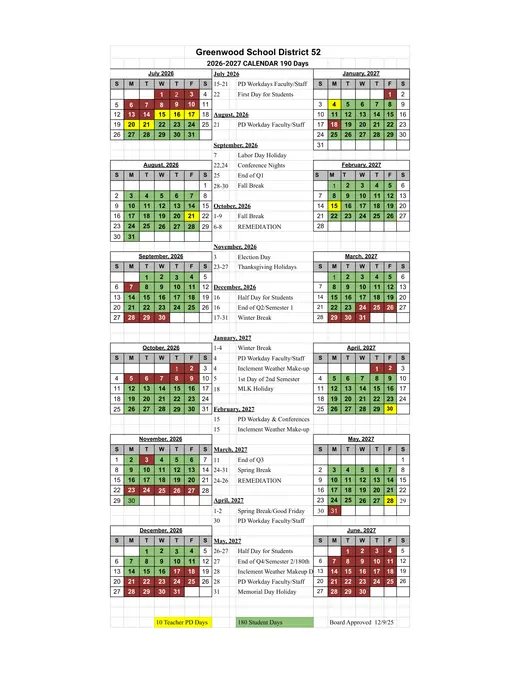 Greenwood School District 52 2026–2027 Academic Calendar