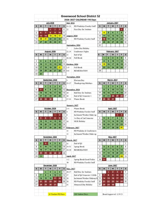 Greenwood School District 2026–2027 Academic Calendar