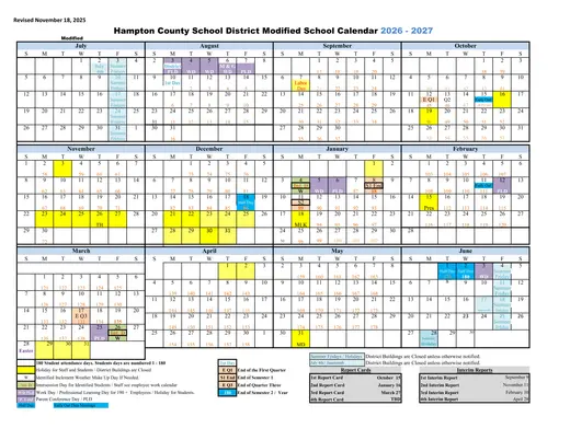 Hampton County School District 2026–2027 Academic Calendar Page 1