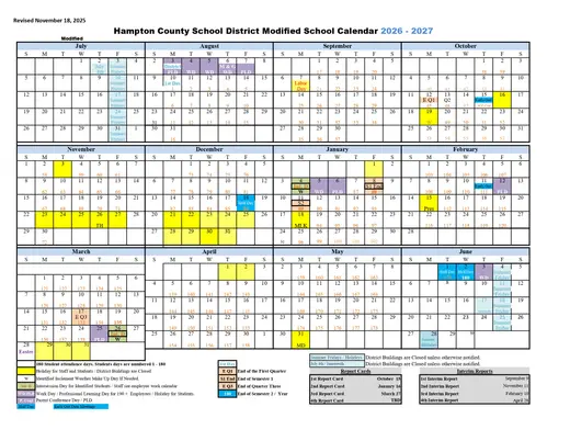 Hampton County School District 2026–2027 Academic Calendar Page 2
