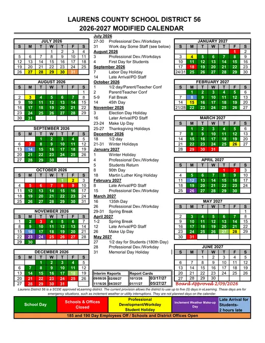 Laurens County School District 56 2026–2027 Academic Calendar
