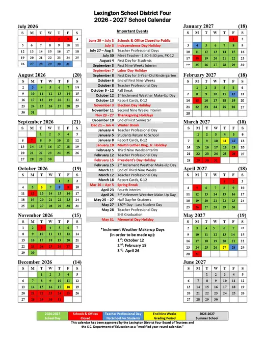 Lexington School District Four 2026–2027 Academic Calendar