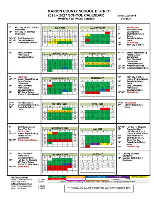 Marion County School District 2026–2027 Academic Calendar