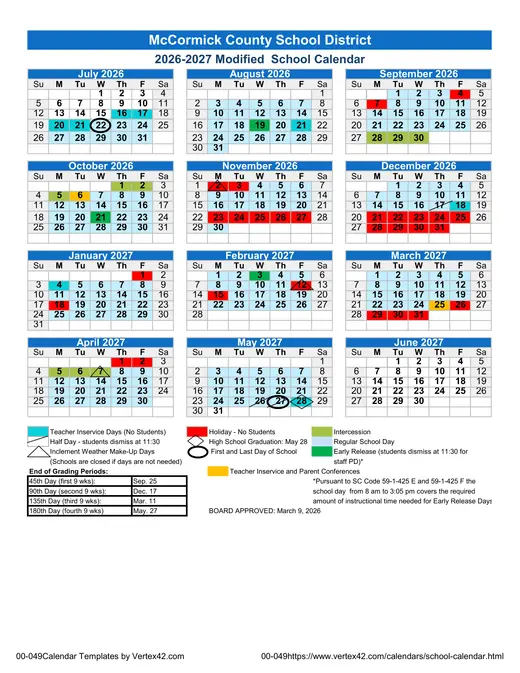 McCormick County School District 2026–2027 Academic Calendar