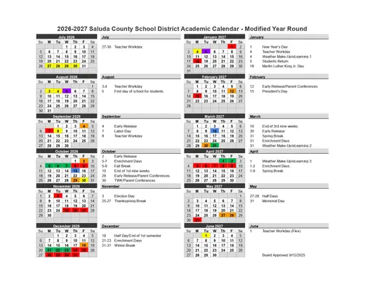 Saluda County School District 2026–2027 Academic Calendar Page 2