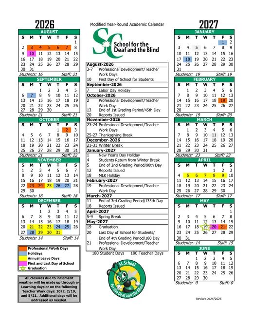 School for the Deaf and the Blind 2026–2027 Academic Calendar