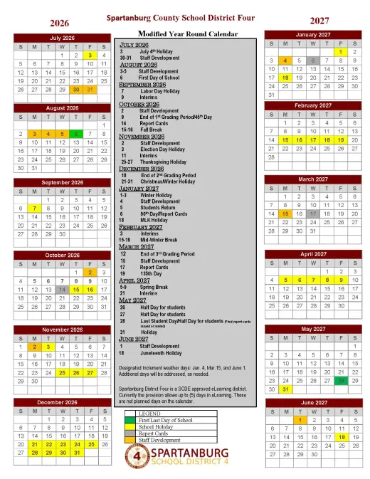 Spartanburg County School District Four 2026–2027 Academic Calendar Page 1