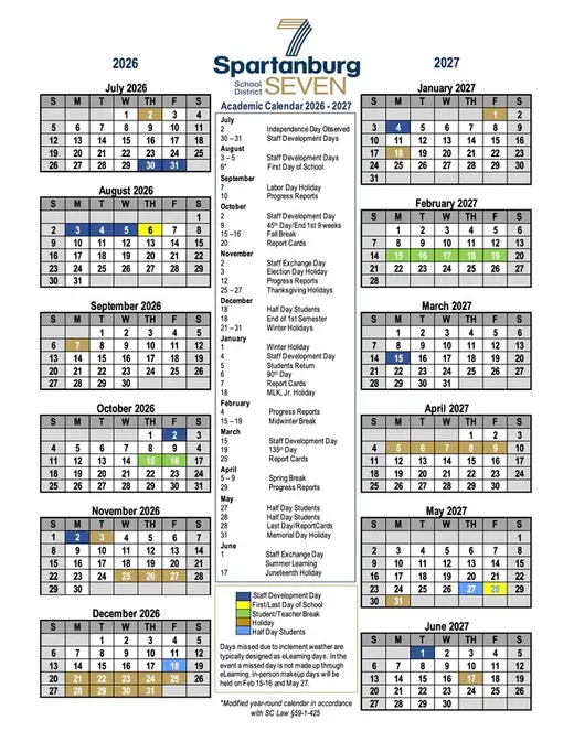 Spartanburg School District Seven 2026–2027 Academic Calendar Page 1