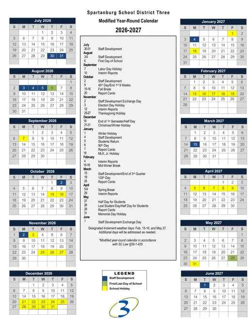 Spartanburg School District Three 2026–2027 Academic Calendar Page 1