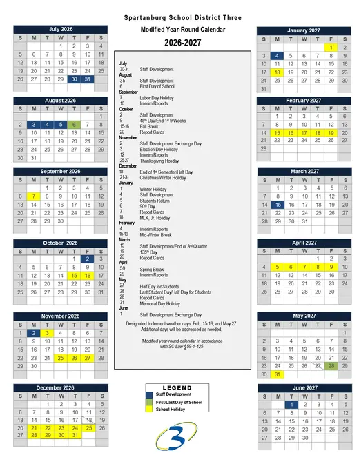 Spartanburg School District Three 2026–2027 Academic Calendar Page 2