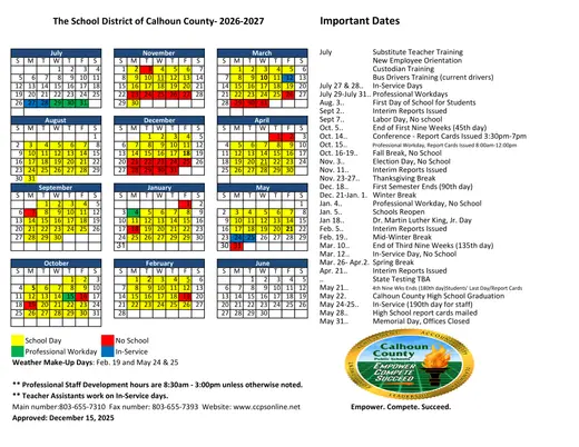 The School District of Calhoun County 2026–2027 Academic Calendar Page 1