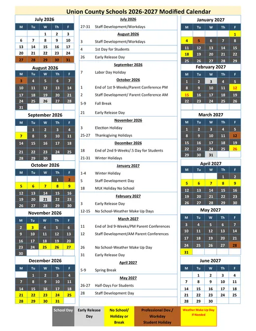 Union County Schools 2026–2027 Academic Calendar