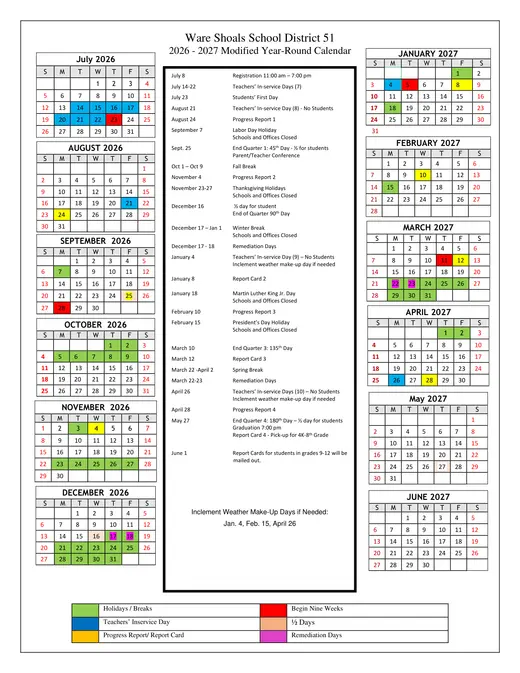 Ware Shoals School District 51 2026–2027 Academic Calendar Page 1