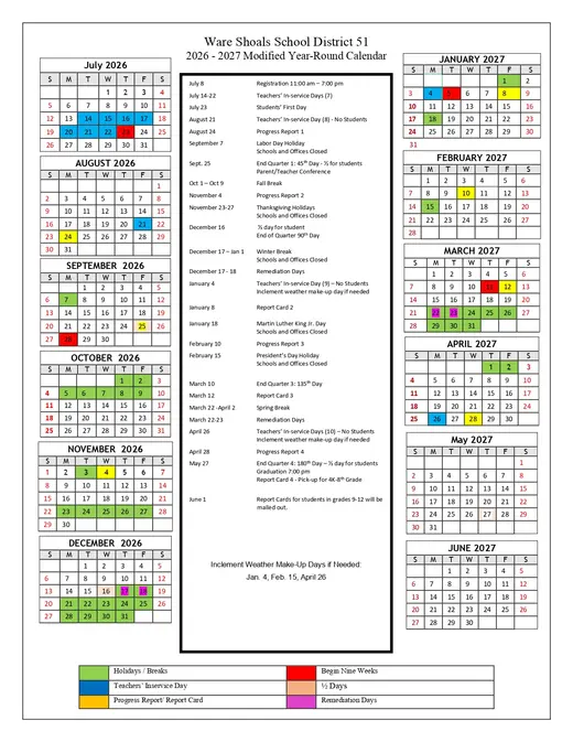 Ware Shoals School District 51 2026–2027 Academic Calendar Page 2