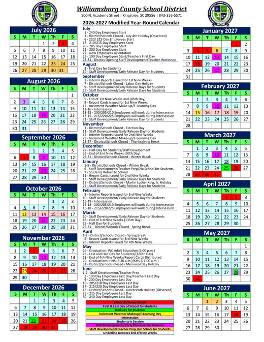 Williamsburg County School District 2026–2027 Academic Calendar Page 1