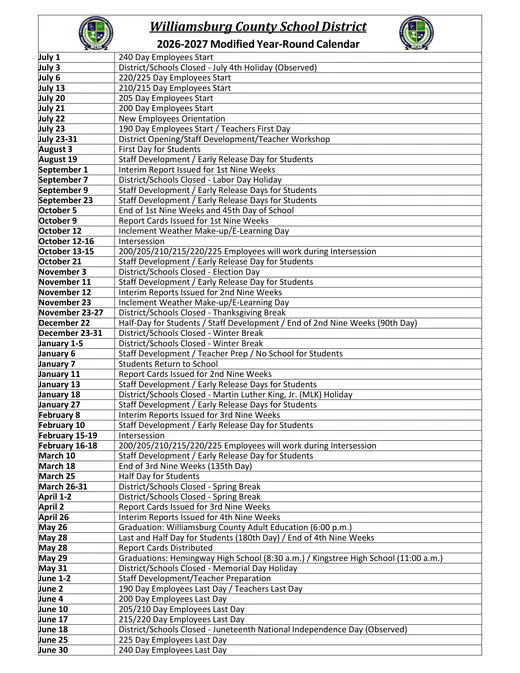 Williamsburg County School District 2026–2027 Academic Calendar Page 2