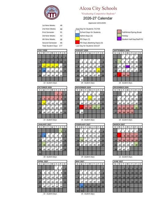Alcoa City Schools 2026–2027 Academic Calendar