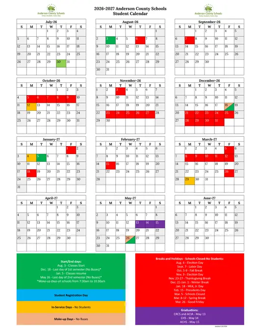 Anderson County Schools 2026–2027 Academic Calendar Page 1