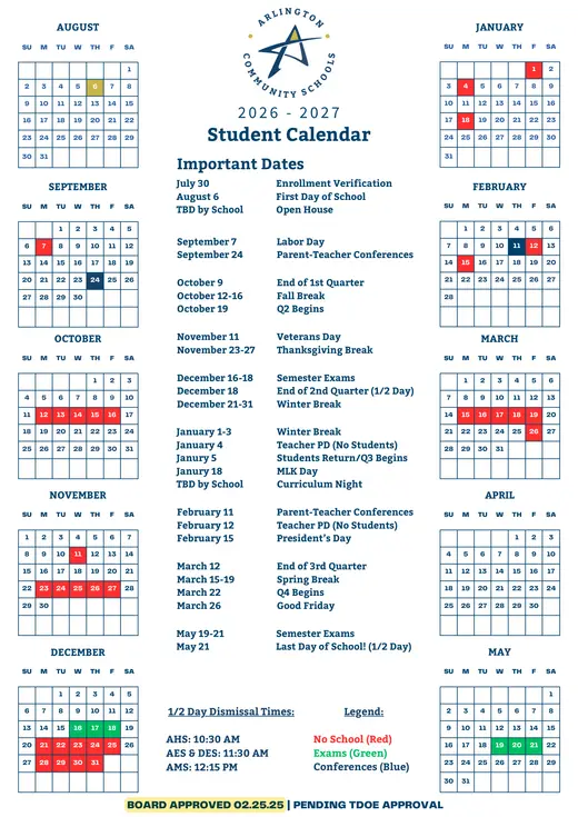 Arlington Community Schools 2026–2027 Academic Calendar Page 1