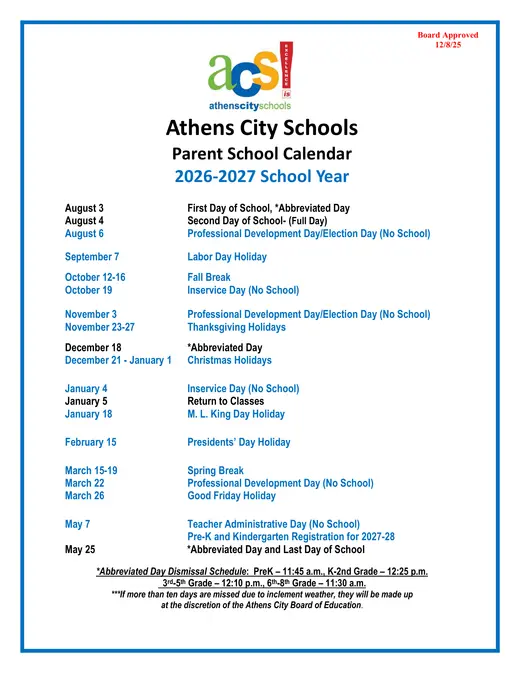 Athens City Schools 2026–2027 Academic Calendar
