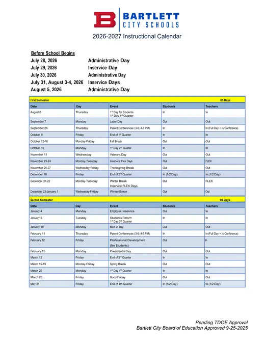Bartlett City Schools 2026–2027 Academic Calendar Page 3