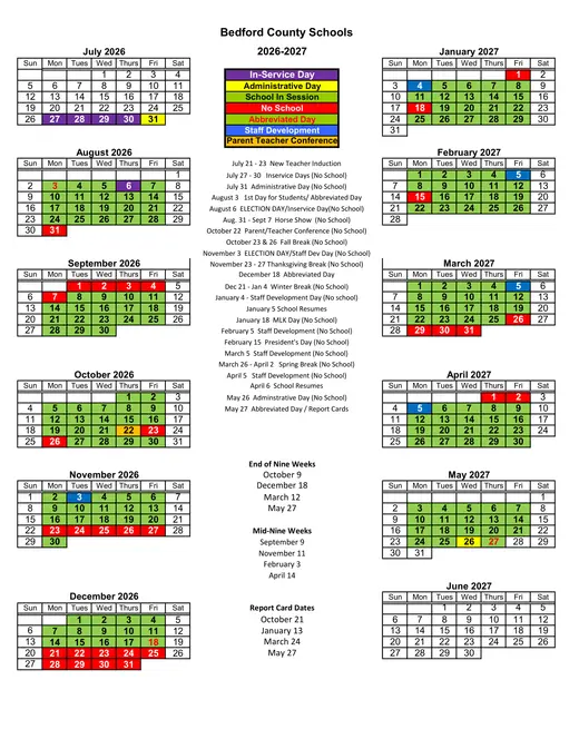 Bedford County Schools 2026–2027 Academic Calendar Page 2