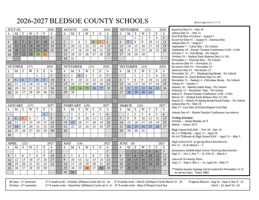 Bledsoe County Schools 2026–2027 Academic Calendar Page 1