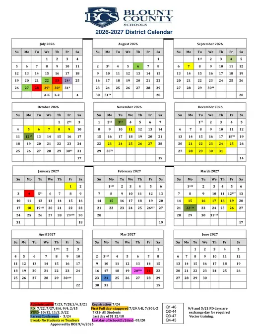 Blount County Schools 2026–2027 Academic Calendar Page 5