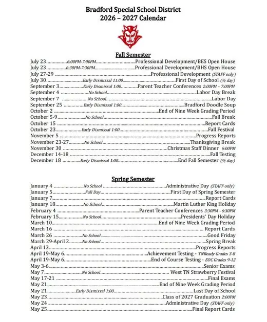 Bradford Special School District 2026–2027 Academic Calendar Page 1