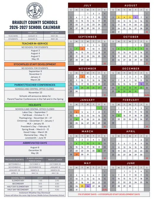 Bradley County Schools 2026–2027 Academic Calendar Page 2