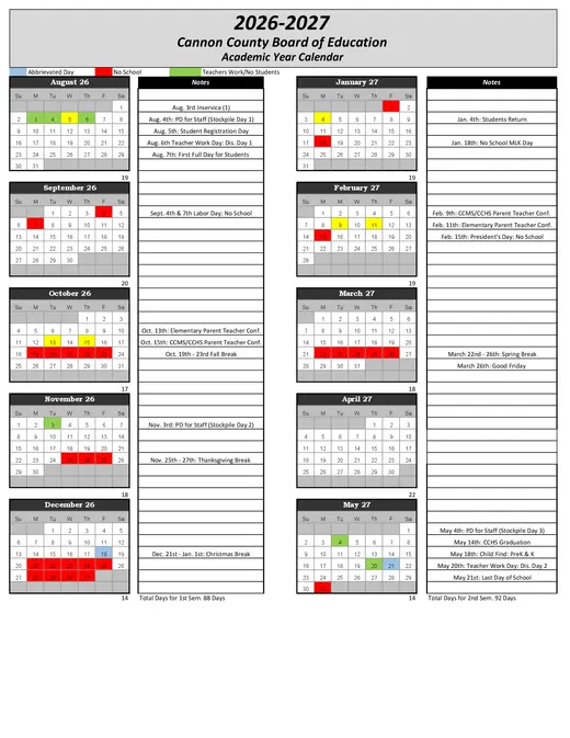 Cannon County Board of Education 2026–2027 Academic Calendar
