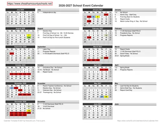 Cheatham County Schools 2026–2027 Academic Calendar Page 2