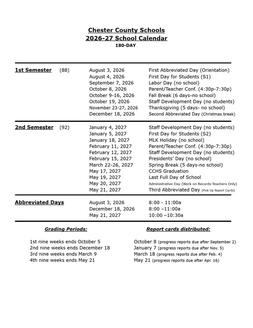 Chester County Schools 2026–2027 Academic Calendar Page 1