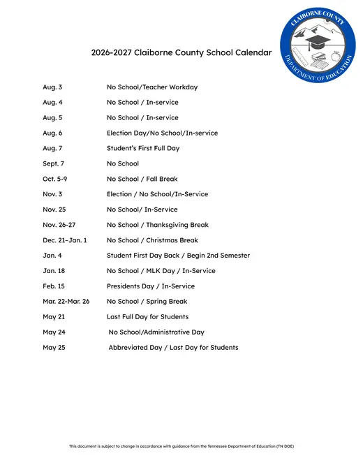 Claiborne County 2026–2027 Academic Calendar