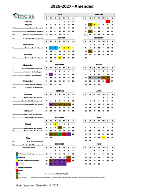 Clarksville-Montgomery County School System 2026–2027 Academic Calendar Page 1