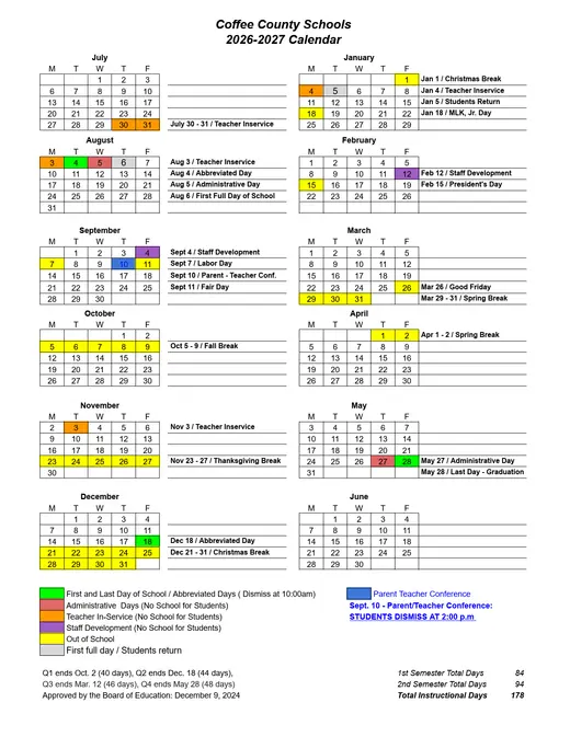 Coffee County Schools 2026–2027 Academic Calendar Page 1
