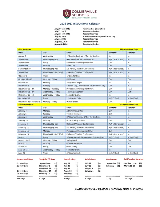 Collierville Schools 2026–2027 Academic Calendar Page 3