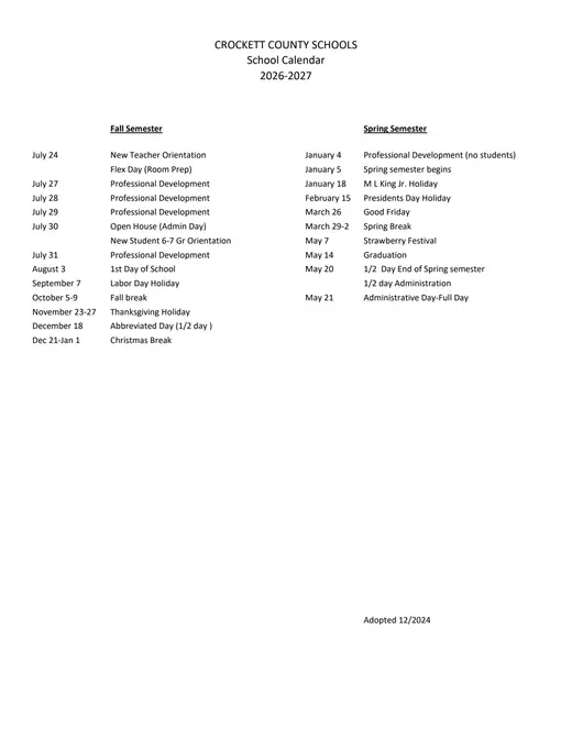 Crockett County Schools 2026–2027 Academic Calendar