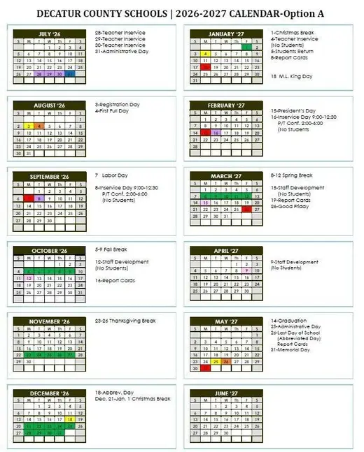Decatur County Schools 2026–2027 Academic Calendar Page 1