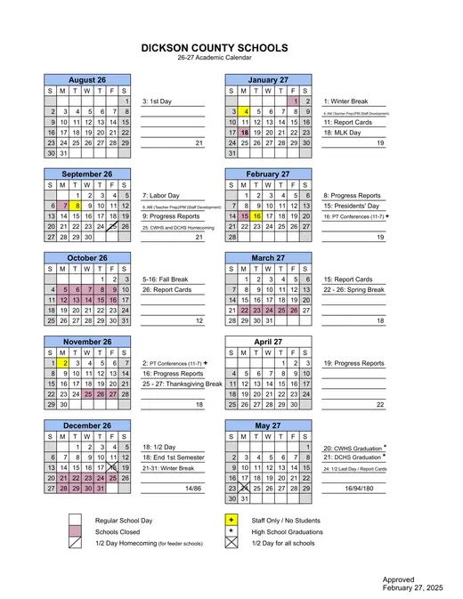 Dickson County Schools 2026–2027 Academic Calendar Page 2