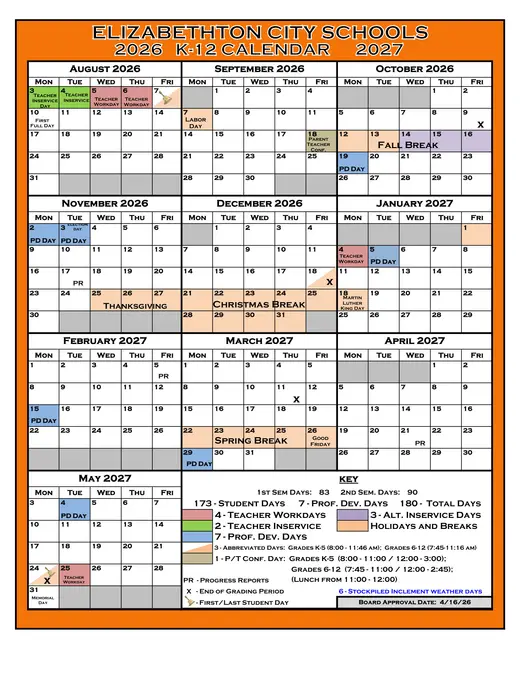 Elizabethton City Schools 2026–2027 Academic Calendar