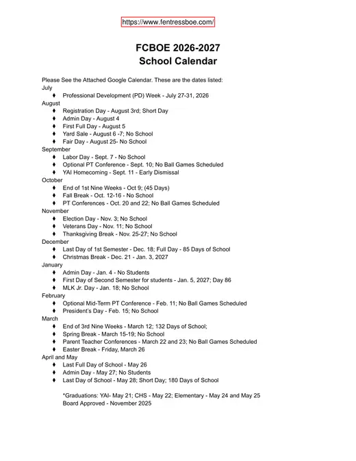 Fentress County Schools 2026–2027 Academic Calendar