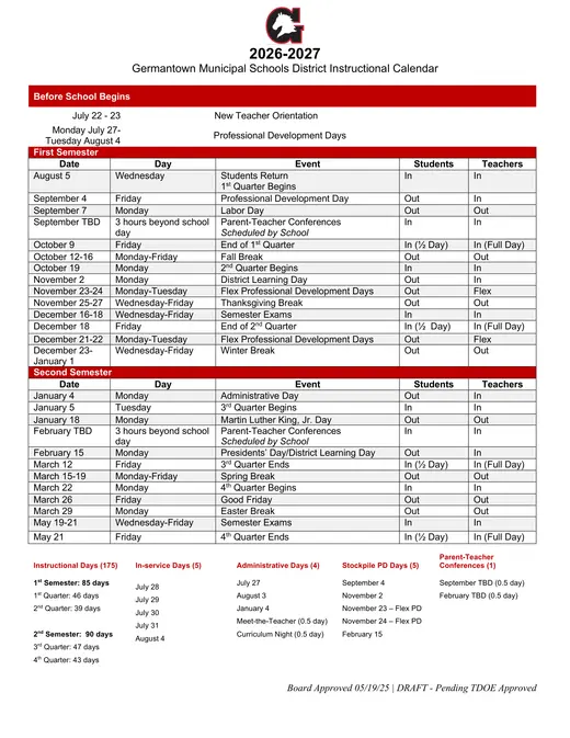Germantown Municipal Schools District 2026–2027 Academic Calendar Page 1